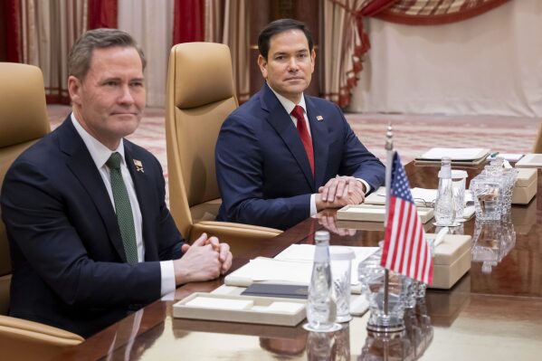 US National Security Advisor Mike Waltz, left, and US Secretary of State Marco Rubio hold a meeting with Ukrainian officials, in Jeddah, Saudi Arabia, Tuesday, March 11, 2025. (Saul Loeb/Pool Photo via AP)