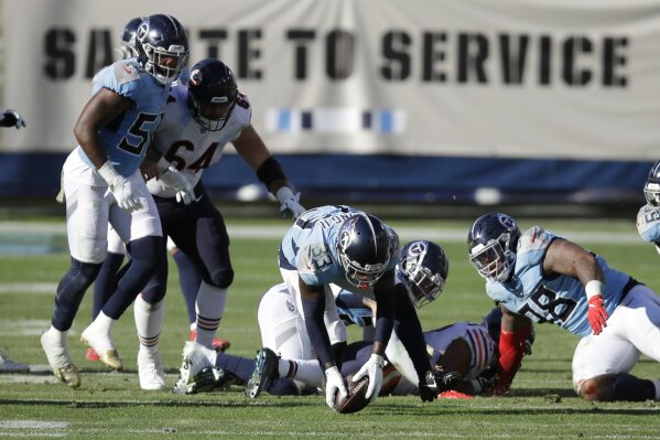 Tennessee Titans cornerback Desmond King (33) recovers a Chicago Bears fumble and returns it for a touchdown in the second half of an NFL football game Sunday, Nov. 8, 2020, in Nashville, Tenn. (AP Photo/Ben Margot)