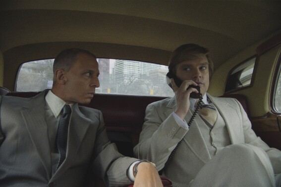 This image released by Briarcliff Entertainment shows Jeremy Strong, left, and Sebastian Stan in a scene from the film "The Apprentice." (Pief Weyman/Briarcliff Entertainment via AP)