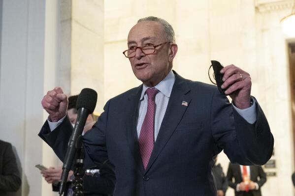 FILE - Senate Majority Leader Chuck Schumer, D-NY, speaks to the media after Senate Democrats met privately with President Joe Biden, Jan. 13, 2022, on Capitol Hill in Washington.  ( AP Photo/Jose Luis Magana, File)