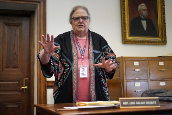 FILE - Rep. Lois Galgay Reckitt, D- South Portland, speaks Wednesday, June 21, 2023, at the State House in August, Maine. Reckitt, a Maine lawmaker and relentless activist for women, has died at age 78. A celebration of her life takes place Sunday in Portland, Maine. . (AP Photo/Robert F. Bukaty)