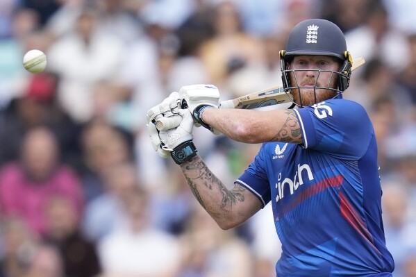 England's Ben Stokes plays a shot off the bowling of New Zealand's Kyle Jamieson during the One Day International cricket match between England and New Zealand at The Oval cricket ground in London, Wednesday, Sept. 13, 2023. (AP Photo/Kirsty Wigglesworth)