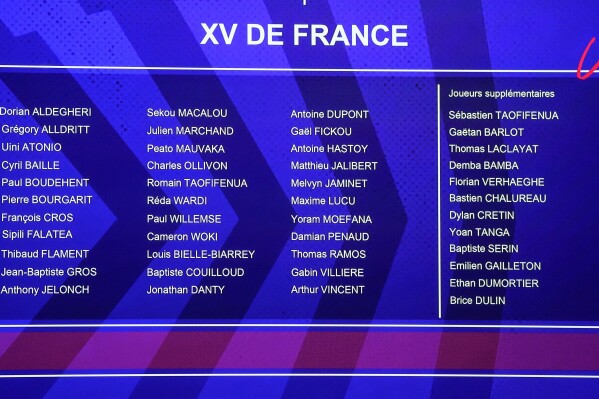 The list of the French squad is photographed from a screen during a media conference where French head coach Fabien Galthie announcing the 33 players for the 2023 Rugby World Cup in Paris, Monday, Aug. 21, 2023. France end their World Cup preparations by welcoming Australia to Paris on Sunday Aug. 27. (AP Photo/Michel Euler)