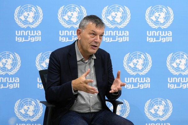 FILE - The Commissioner-General of the U.N. agency for Palestinian refugees, Philippe Lazzarini, speaks during an interview with The Associated Press at the UNRWA headquarters in Beirut, Lebanon, Wednesday, Dec. 6, 2023.The head of the main United Nations agency supporting people in Gaza alleges that Israel is intent on “destroying” it along with the idea that Palestinians are refugees and have a right one day to return home. Philippe Lazzarini in an interview with a Swiss newspaper accuses Israel of having a “long-term political goal” of eliminating the agency created decades ago to assist Palestinians who fled during the war over Israel’s creation. (AP Photo/Bilal Hussein, File)