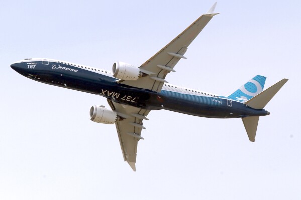 FILE - A Boeing 737 MAX 9 airplane performs a demonstration flight at the Paris Air Show in Le Bourget, east of Paris, France, June 20, 2017. Indonesia has temporarily grounded three Boeing 737-9 Max jetliners, following an incident in which an Alaska Airlines plane suffered a blowout that left a gaping hole in the side of the fuselage. (AP Photo/Michel Euler, File)