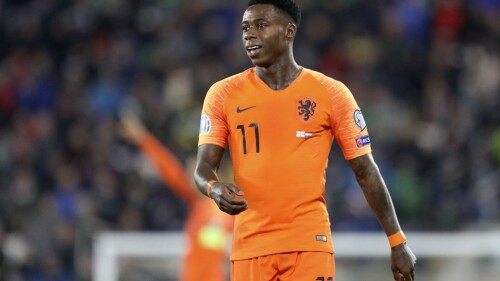 FILE - Netherlands' Quincy Promes looks on during the Euro 2020 group C qualifying soccer match between Northern Ireland and the Netherlands at Windsor Park, Belfast, Northern Ireland, Saturday, Nov. 16, 2019. Promes was found guilty Monday, June 19, 2023, of stabbing his cousin in the leg and was sentenced to 18 months in prison. (AP Photo/Peter Morrison, File)
