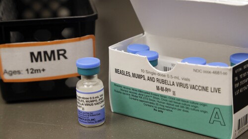FILE - A dose of the measles, mumps and rubella vaccine is displayed at the Neighborcare Health clinics at Vashon Island High School in Vashon Island, Wash., on May 15, 2019. In a statement on Friday July 14, 2023, Britain’s Health Security Agency said that measles vaccination rates in parts of London have dropped so low that the capital could see tens of thousands of cases of the rash-causing disease unless immunization coverage is quickly boosted. (AP Photo/Elaine Thompson, File)
