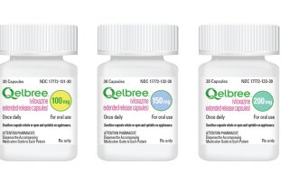 This undated image provided by Supernus Pharmaceuticals in April 2021 shows bottles for different dosages of the drug Qelbree. On Friday, April 2, 2021, the U.S. Food and Drug Administration approv...
