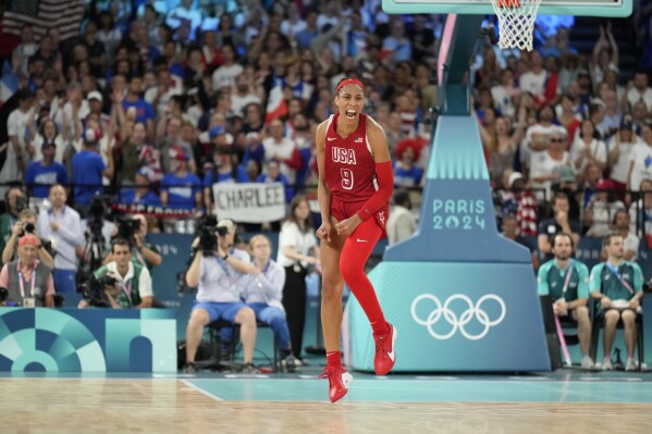 The United States' A'ja Wilson reacts during the women's gold medal basketball game at the 2024 Olympics, Sunday, Aug. 11, 2024, in Paris, France. (AP Photo/Mark J. Terrill)