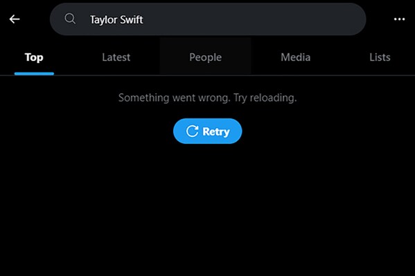 This screenshot made on Monday, Jan. 29, 2024, shows a Taylor Swift search error on social media platform X. X has blocked some searches for Swift as pornographic deepfake images of the singer have circulated online.(AP Photo)