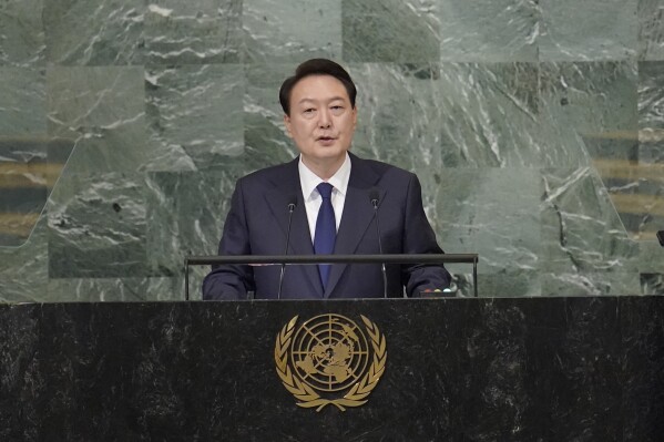 FILE - South Korean President Yoon Suk Yeol addresses the 77th session of the United Nations General Assembly on Sept. 20, 2022 at U.N. headquarters. South Korea’s President Yoon said the international community “will unite more tightly” to cope with deepening military cooperation between Russia and North Korea, as he pushes to raise the issue with world leaders at the U.N. General Assembly this week.(AP Photo/Mary Altaffer, File)