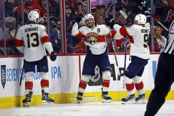 The Florida Panthers wear special warm up jerseys with a Latin