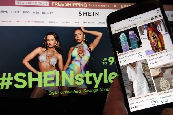 Pages from the Shein website, left, and from the Temu site, right, are shown in this photo, in New York, Friday, June 23, 2023. Chinese e-commerce retailer Temu has filed a lawsuit accusing its rival Shein of violating U.S. antitrust law by blocking clothing manufacturers from working with Temu. (AP Photo/Richard Drew)