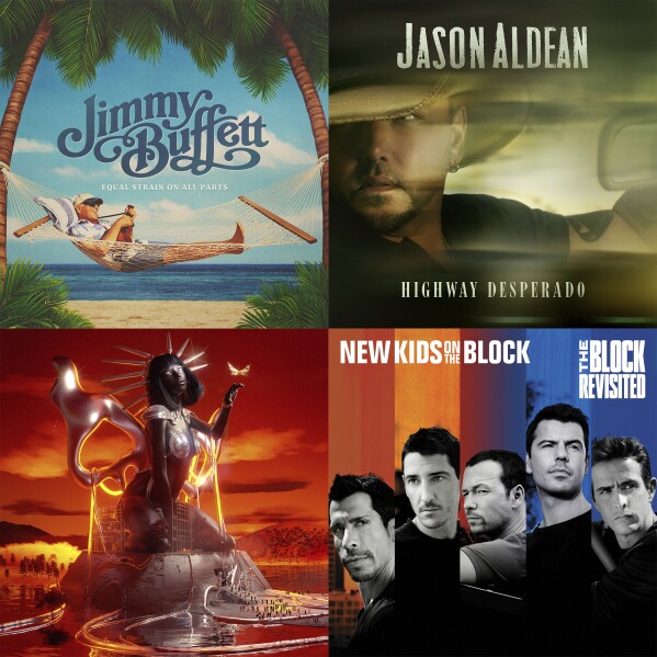 This combination of images shows album art for "Equal Strain on All Parts" by Jimmy Buffett, clockwise from top left, "Highway Desperado" by Jason Aldean, "The Block: Revisited" by New Kids on the Block and "Sweet Justice" by Tkay Maidza. (Mailboat and Sun Records/Broken Bow Records/UMG Recordings/4AD Records via AP)