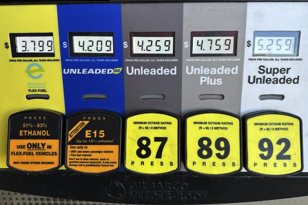 Gas prices are seen at a gas station in Riverwoods, Ill., Monday, April 1, 2024. On Wednesday, April 10, 2024, the Labor Department issues its report on inflation at the consumer level in March. (AP Photo/Nam Y. Huh)