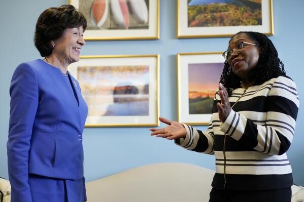 Supreme Court nominee Ketanji Brown Jackson meets with Sen. Susan Collins, R-Maine, on Capitol Hill in Washington, Tuesday, March 8, 2022. Judge Jackson's confirmation hearing starts March 21. If confirmed, she would be the court's first Black female justice. (AP Photo/Carolyn Kaster)
