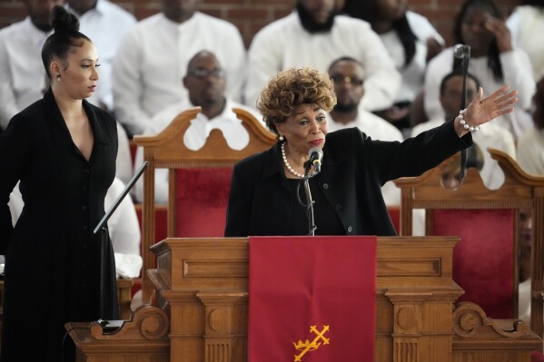 Vy Higginsen speaks during a ceremony celebrating the life of Cissy Houston on Thursday, Oct. 17, 2024, at the New Hope Baptist Church in Newark, N.J. (Photo by Charles Sykes/Invision/AP)