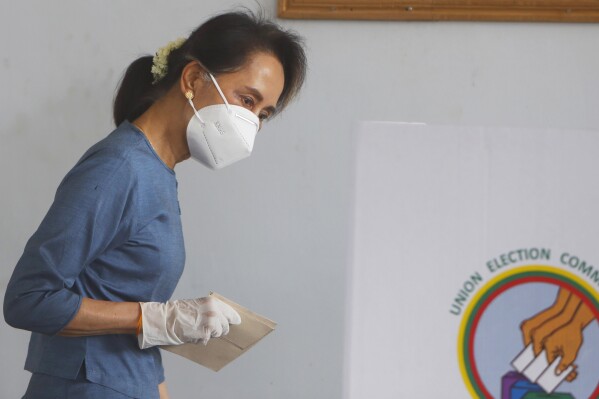 Aung San Suu Kyi prepares to make an early voting for upcoming Nov. 8 general election at Union Election Commission office in Naypyitaw, Myanmar on Oct. 29, 2020.(AP Photo/Aung Shine Oo, File)