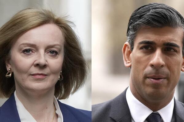 FILE - This combo of file photos shows the remaining candidates in the Conservative Party leadership race, former Chancellor of the Exchequer Rishi Sunak and Foreign Secretary Liz Truss. The two candidates vying to be Britain’s next prime minister will face off in a TV debate Monday, July 25, 2022. (AP Photo, File)