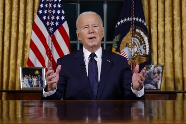 President Joe Biden speaks from the Oval Office of the White House Thursday, Oct. 19, 2023, in Washington, about the war in Israel and Ukraine. (Jonathan Ernst/Pool via AP)
