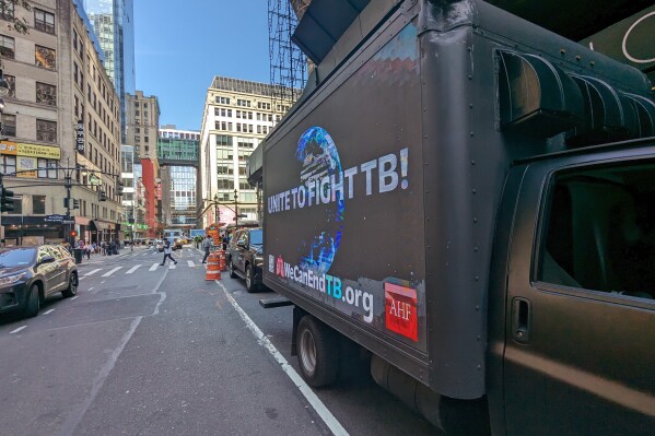 A mobile billboard in Manhattan with advocacy messages about tuberculosis. The AIDS Healthcare Foundation created a video comparing the number of annual TB deaths in 2022 to the population of Manhattan - both are approximately 1.6 million. The video was displayed on a mobile billboard that drove all week near the U.N. building Sep. 18-22 to catch the attention of U.N. General Assembly delegates. (Photo: Business Wire)