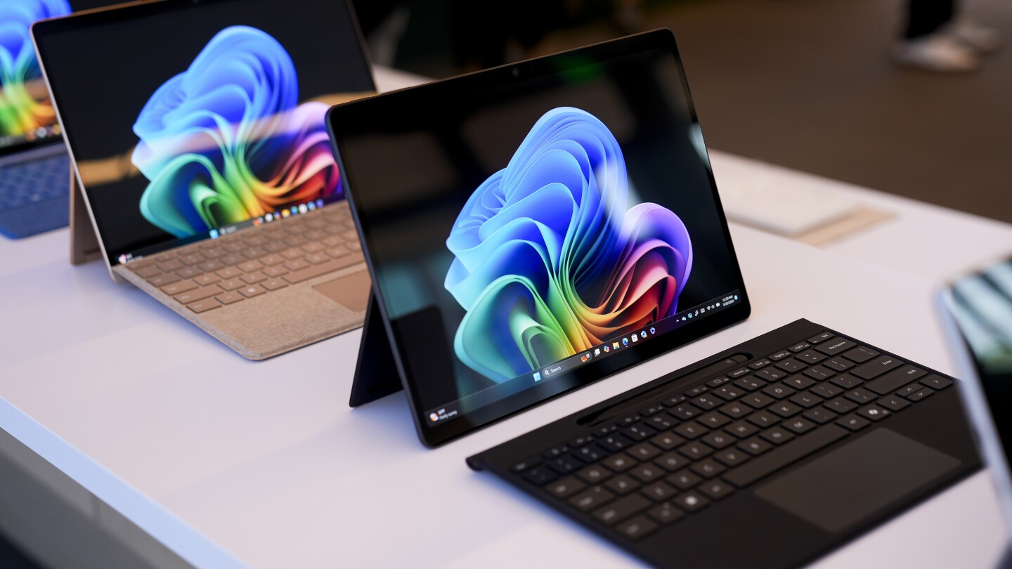 Microsoft Surface Pro devices are displayed in a demo room following a showcase event of the company’s AI assistant Copilot ahead of the annual Buil