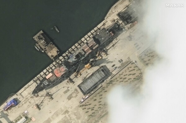 CORRECTS SOURCE- This satellite image provided by Maxar Technologies shows North Korea's new naval destroyer on May 18, 2025, in Chongjin, North Korea. (Maxar Technologies via AP)