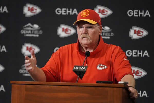 Kansas City Chiefs head coach Andy Reid speaks during a news conference following an NFL preseason football game against the Cleveland Browns Saturday, Aug. 26, 2023, in Kansas City, Mo. The Chiefs won 33-32. (AP Photo/Charlie Riedel)