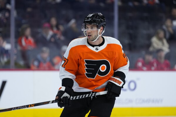 FILE - Philadelphia Flyers' Tony DeAngelo plays during an NHL hockey game, Wednesday, Jan. 11, 2023, in Philadelphia. The Philadelphia Flyers have placed defenseman Tony DeAngelo on unconditional waivers after one season with the club. (AP Photo/Matt Slocum, File)