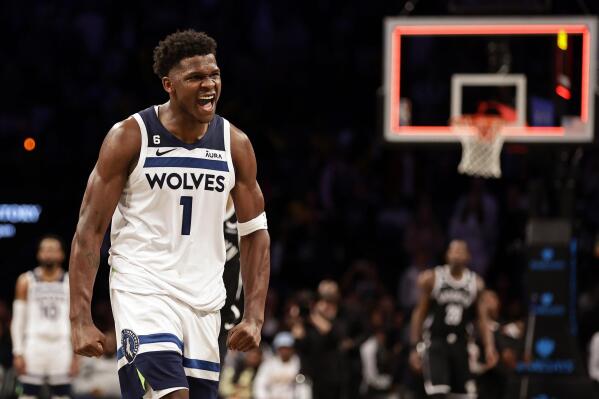 Minnesota Timberwolves guard Anthony Edwards reacts after the Timberwolves defeated the Brooklyn Nets in an NBA basketball game, Tuesday, April 4, 2023, in New York. (AP Photo/Adam Hunger)