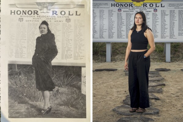 In this combination of photos, Rose Kokubu Fujisaki, grandmother of Tessa Fujisaki, is photographed in front of the Honor Roll at Minidoka in 1943 and Tessa Fujisaki poses at the same location Saturday, July 9, 2023, at Minidoka National Historic Site in Jerome, Idaho. (Courtesy of Tessa Fujisaki, Lindsey Wasson via AP)