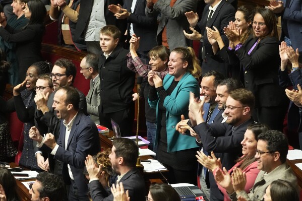 Far-left parliament members react after a vote at the French National Assembly in Paris, Monday, dec. 11, 2023. A divisive migration bill that would speed up deportations reaches the lower house of French parliament. (AP Photo/Michel Euler)