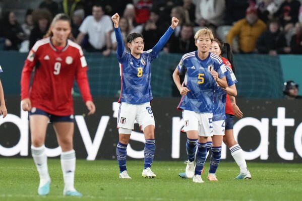 Japan's Hikaru Naomoto, second left, celebrates after scoring her team's first goal during the Women's World Cup Group C soccer match between Japan and Costa Rica in Dunedin, New Zealand, Wednesday, July 26, 2023. (AP Photo/Alessandra Tarantino)