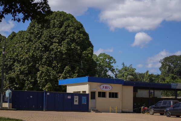 The main entrance of the meat processing company JBS is visible in Porto Velho, Rondonia state, Brazil, July 12, 2023. (AP Photo/Andre Penner, File)