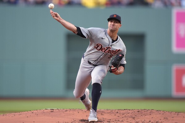 Detroit Tigers' Jack Flaherty delivers a pitch to a Boston Red Sox batter during the first inning of a baseball game Thursday, May 30, 2024, in Boston. (AP Photo/Steven Senne)