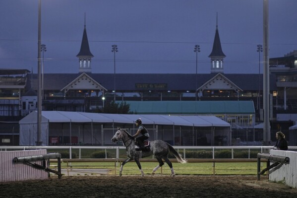 A race horse works out at Churchill Downs Wednesday, April 30, 2025, in Louisville, Ky. (AP Photo/Charlie Riedel)