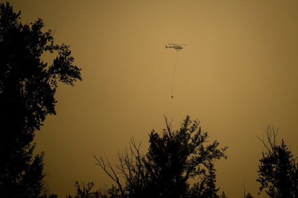 A helicopter carrying a water bucket is used to drop water on the Lower East Adams Lake wildfire burning in Scotch Creek, British Columbia, on Sunday, Aug. 20, 2023. (Darryl Dyck/The Canadian Press via AP)