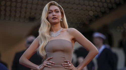 FILE - Gigi Hadid poses for photographers at the premiere of the film 'Firebrand' at the 76th international film festival in Cannes, France, May 21, 2023. Hadid and a friend are on vacation in the Cayman Islands after the Customs and Border Control said on Tuesday, July 18, 2023 that they arrested the two for marijuana possession and later released them. (AP Photo/Daniel Cole, File)