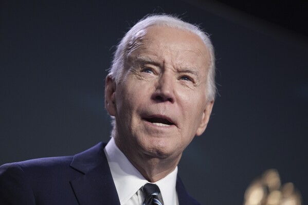 President Joe Biden delivers remarks to the National Association of Counties Legislative Conference, Monday, Feb. 12, 2024, in Washington. (AP Photo/Evan Vucci)
