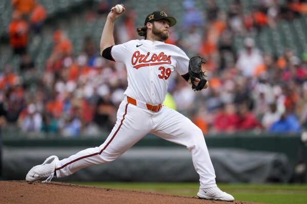 Baltimore Orioles starting pitcher Corbin Burnes throws to the Seattle Mariners during the first inning of a baseball game at Oriole Park at Camden Yards, Sunday, May 19, 2024, in Baltimore. (AP Photo/Jess Rapfogel)