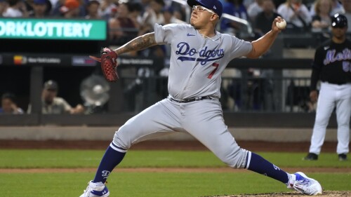 Los Angeles Dodgers pitcher Julio Urias delivers against the New York Mets during the fourth inning of a baseball game Friday, July 14, 2023, in New York. (AP Photo/Mary Altaffer)