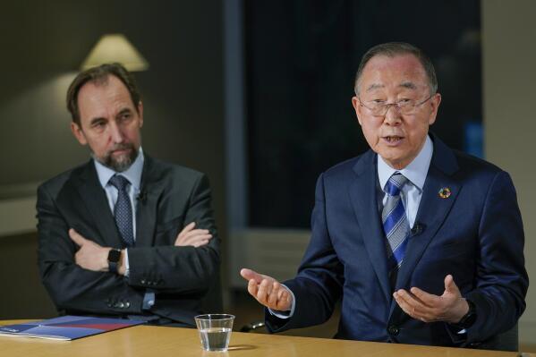 Former United Nations Secretary-General Ban Ki-moon, right, is joined by Zeid Raad Al Hussein as he speaks during an interview with The Associated Press, Friday, Nov. 4, 2022, in New York. (AP Photo/Mary Altaffer)