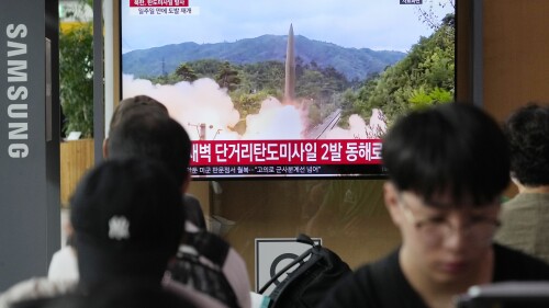 A TV screen shows a file image of North Korea's missile launch during a news program at the Seoul Railway Station in Seoul, South Korea, Wednesday, July 19, 2023. North Korea fired two short-range ballistic missiles into its eastern sea early Wednesday in what appeared to be a statement of defiance as the United States deploys a nuclear-armed submarine to South Korea for the first time in decades. (AP Photo/Ahn Young-joon)