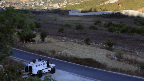 A U.N. peacekeeper armored vehicle is parked along the Lebanese-Israeli border in the southern Lebanese village of Marwaheen, Wednesday, July 12, 2023. An explosion near Lebanon's border with Israel lightly wounded at least three members of the militant Hezbollah group, a Lebanese security official said. (AP Photo/Mohammed Zaatari)