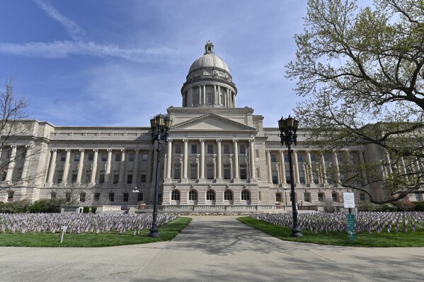 FILE - Exterior photo of the Kentucky State Capitol in Frankfort, Ky., Wednesday, April 7, 2021. Republican-backed measures to relax child labor rules and bolster food stamp eligibility standards won passage Thursday, Feb. 22, 2024, in the Kentucky House over impassioned objections from Democrats. (AP Photo/Timothy D. Easley, File)