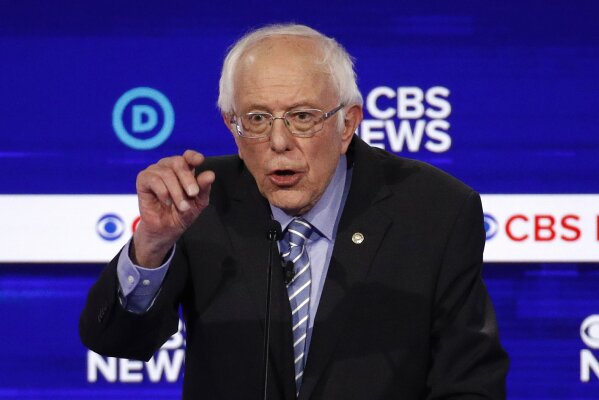 =Democratic presidential candidate Sen. Bernie Sanders, I-Vt., speaks during a Democratic presidential primary debate at the Gaillard Center, Tuesday, Feb. 25, 2020, in Charleston, S.C., co-hosted by CBS News and the Congressional Black Caucus Institute. (AP Photo/Patrick Semansky)