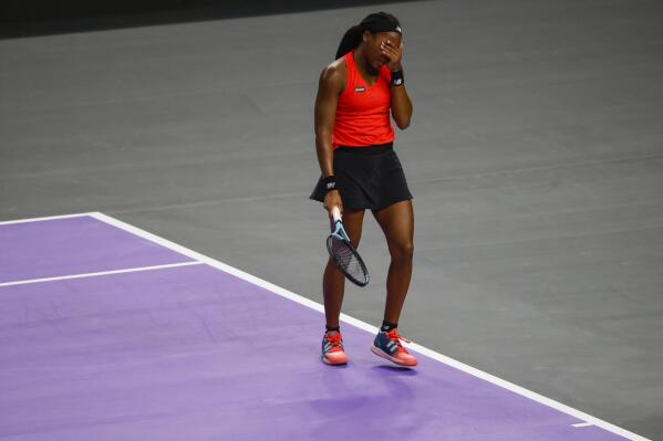 Coco Gauff reacts during her match against Daria Kasatkina, of Russia, during round-robin play on day four of the WTA Finals tennis tournament in Fort Worth, Texas, Thursday, Nov. 3, 2022. (AP Photo/Ron Jenkins)