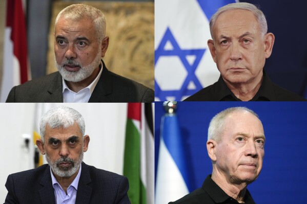 This combination of photos from clock-wise from top left shows Ismail Haniyeh, the leader of the Palestinian militant group Hamas, in Beirut, Lebanon, on June 28, 2021; Israeli Prime Minister Benjamin Netanyahu in Tel Aviv, Israel on Oct. 28, 2023; Israeli Defense Minister Yoav Gallant in Tel Aviv on Oct. 16, 2023 and Yehya Sinwar, head of Hamas in Gaza, in Gaza City, Wednesday, April 13, 2022. (AP Photo)