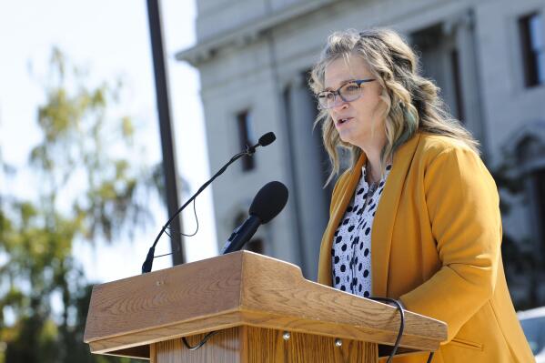 FILE - Jenna Banna, a mother from Missoula, Mont., speaks during a rally at the Montana Capitol in Helena, Mont., Sept. 21, 2022. Banna spoke in opposition to a proposed referendum that requires that all infants born alive, including during an attempted abortion, be provided with medical care and treatment. She spoke about her daughter, who was born without a properly developed brain, and said the referendum requiring treatment could have robbed her and her husband with the brief time they got to spend with their daughter before she died. Montana voters rejected the referendum. (Thom Bridge/Independent Record via AP, File)