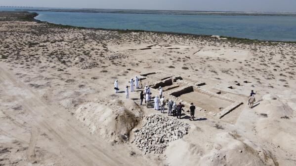 This photo captured by a drone shows ruins on Siniyah Island in Umm al-Quwain, United Arab Emirates, Monday, March 20, 2023. Archaeologists said Monday that they have found the oldest pearling town in the Persian Gulf on an island off one of its northern sheikhdoms of the United Arab Emirates, further expanding this young nation's understanding of its pre-Islamic history. (via AP)